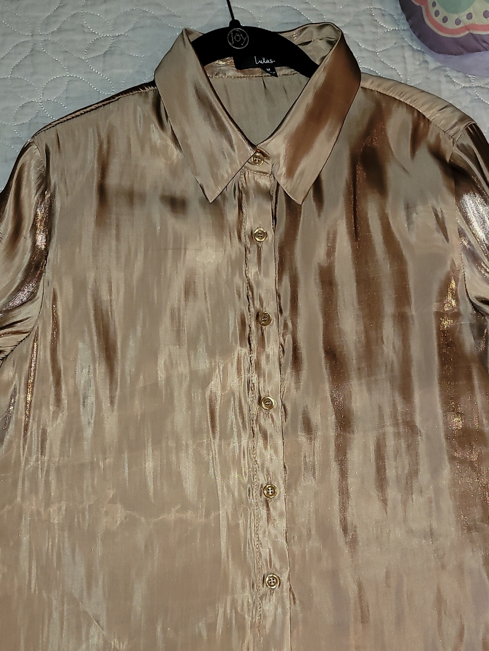 Lulu's Metallic Champagne Button-Up Blouse